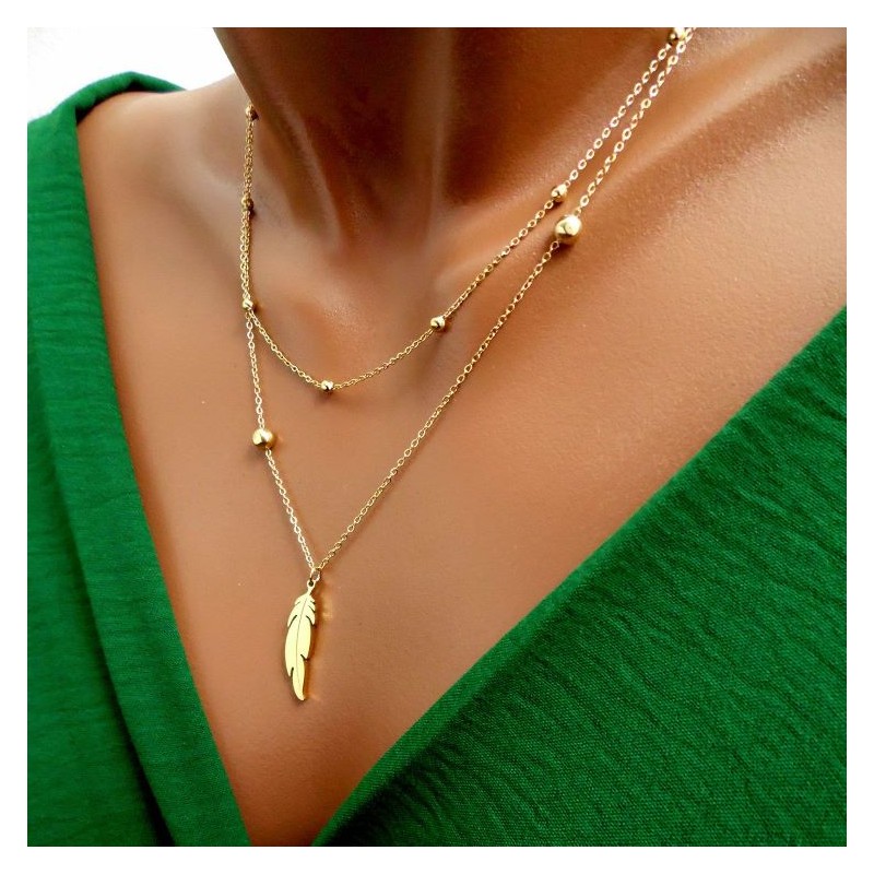 Collier acier inoxydable plaqué or - Plume d'Or