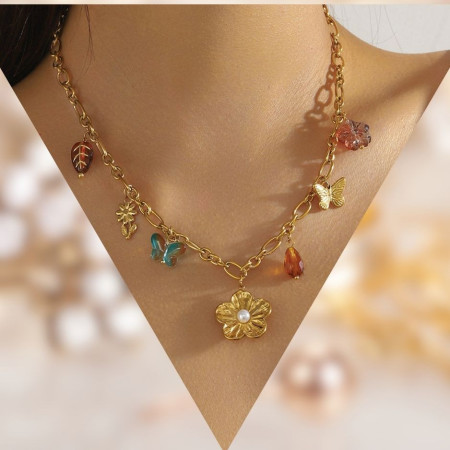 Collier fleur papillon acier inoxydable